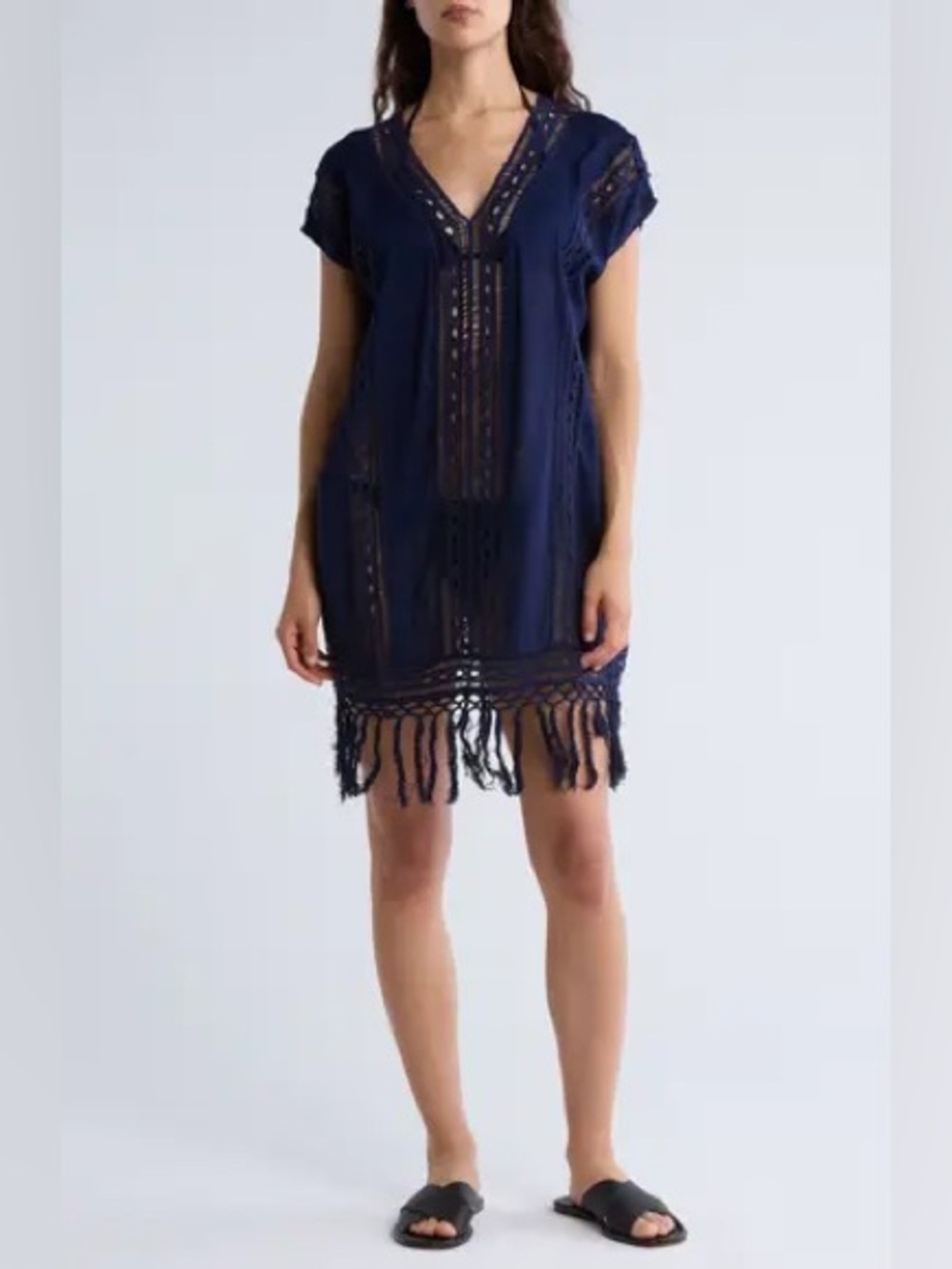 Navy Crochet Fringe V-Neck Tunic Dress Coverup